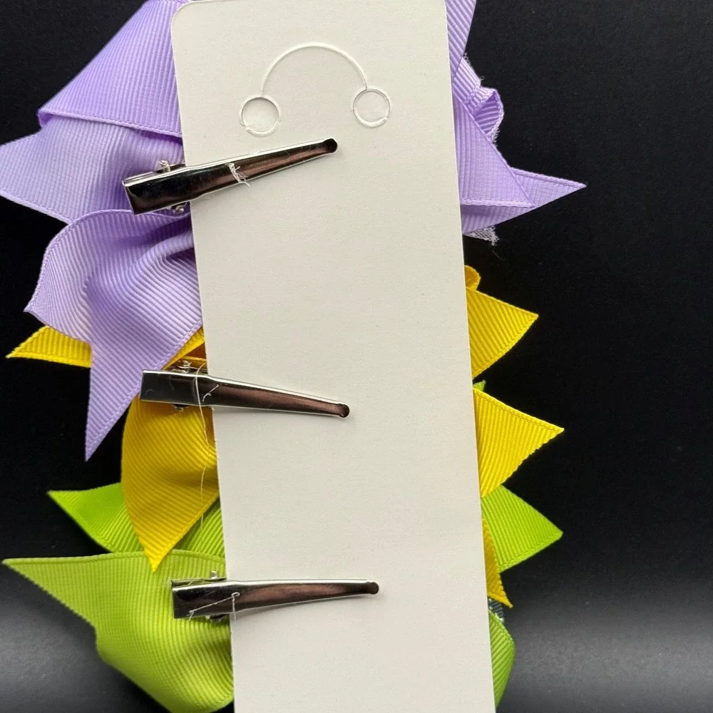 3 Pack Tropical Flower Ribbon Hair Bows Purple Yellow‎ Green Alligator Clip